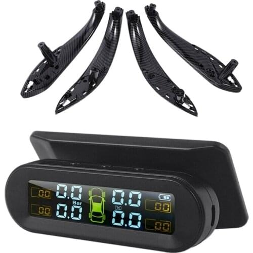 1 Set Solar Wireless USB TPMS Car Tire Pressure Monitor System & 1 Set Door Carbon Fiber Color Pull Handle Inside Trim