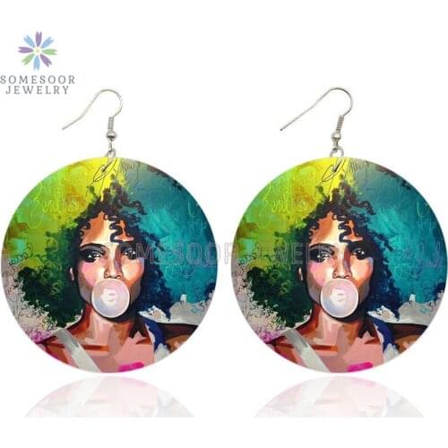 SOMESOOR Bubble Gum Poppin Girl Wooden Drop Earrings Afro Curls Hair Designs Both Sides Printed Wood Dangle For Women Gifts