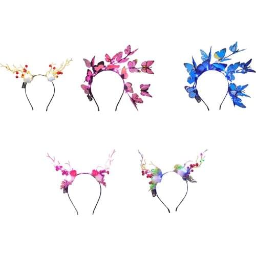 Girls Flower Garland Deer Antlers Headband Butterfly Headdress Party Hair Decor Wedding Festival Party Photo Props