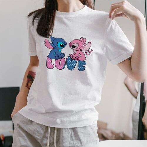 Lilo & Stitch Kawaii Pattern Women T-shirts Disney Dropship Fashion Outdoor Style Summer New White T Shirts Female Harajuku Top