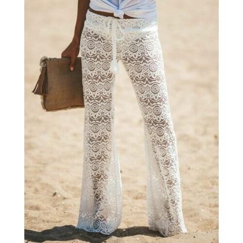 Womens Solid White Sexy Lace Cave Flower Wide Leg Trousers Ladies Plain Flared Legging Pant Plus Size