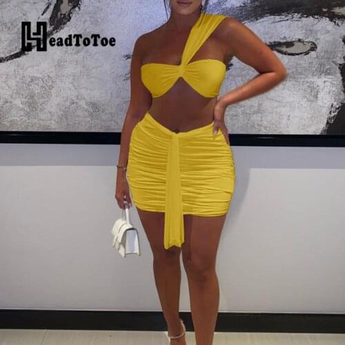 Solid Draped Sexy Club 2 Piece Set Women Sleeveless Skew Neck Above Knee Navel Pleated Two Piece Set Women