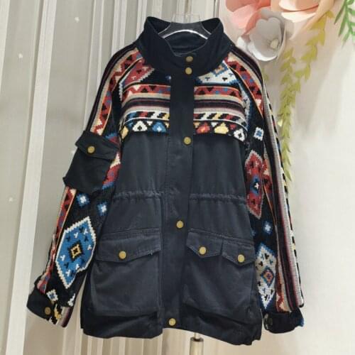 Retro Casual Trench Coat Female Loose Slim Plus Size Outwear women clothing 2020 Autumn Patchwork Print Embroidery Coats SL14