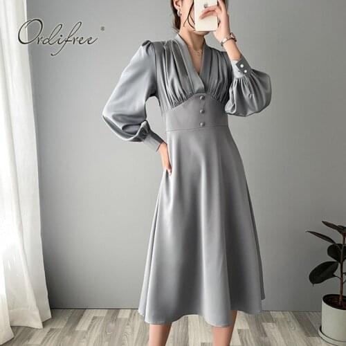 Ordifree 2021 Autumn Women Satin Party Dress Long Sleeve Vintage Elegant Lady Silk Shiny Dress