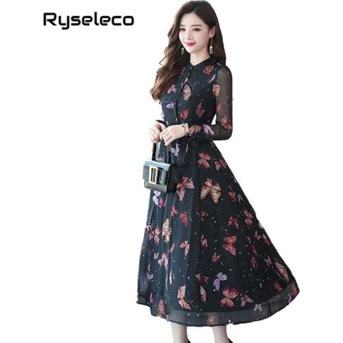 Women Runway Fashion 2018 Chic Elegant Floral Butterfly Prints Long Sleeve Casual Party Dress Large Swing Autumn Maxi Vestidos