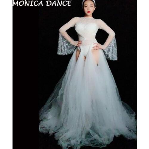 Women Stage See Through Mesh Crystals Dress White Perspective Rhinestones Long Dress Nightclub Female Singer Dances Costume