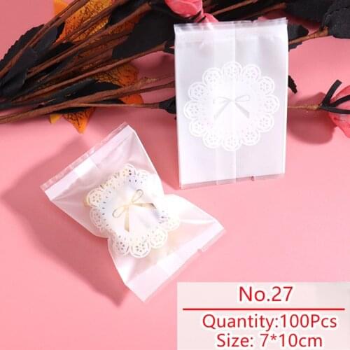 100pcs/lot Soap Biscuits Packaging Bag White Transparent Cellophane Pouches White Bow Baby Party Heat Seal Cookies Gift Warp