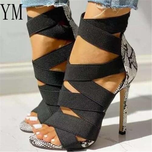 2020 Low Price Sandalias Mujer Womens Ladies Pumps Fashion Bandage Patchwork Mixed Colors Snake High Heels Sandals Casual Shoe