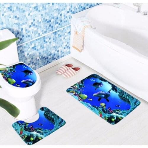 3pcs/set 3D Printing PVC Mesh Thicken Coral Fleece Floor Bath Mats Set Non Slip Bathroom Toliet Rugs Water Toilet Carpet