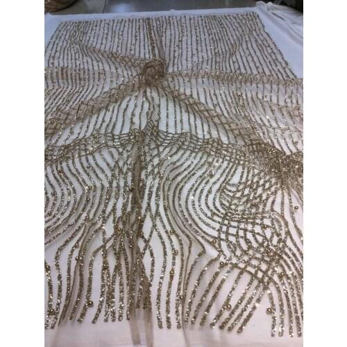Ap217# 5 yards champagne gold pearls sparkly hand print glued glitter net tulle mesh sugar lace fabric for sawing dress