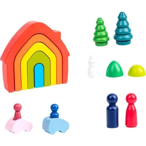 Wooden Blocks Rainbow Stacker Toys for Kids Creative Rainbow House Building Blocks Educational Toys for Children