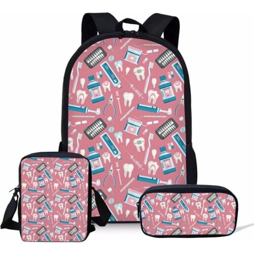 Dentist Teeth Printing Nurse Childrens School Backpack 3 PCS 16 Inch School Bags for Girls Teenagers Kids Bags New