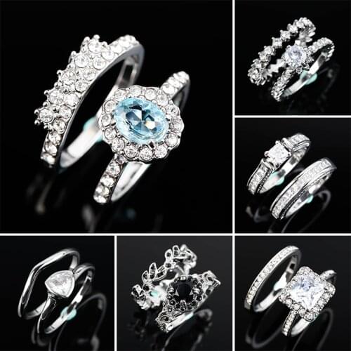 Exquisite Wedding Rings for Women Classic Crystal Zircon Finger Ring Set Couple Engagement Anniversary Promise Jewelry Best Gift