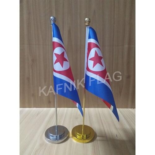 KAFNIK,North Korea Office table desk flag with gold or silver metal flagpole base 14*21cm country flag free shipping