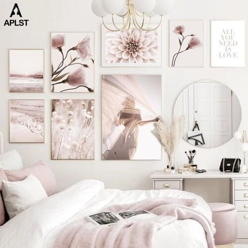 Pretty Blossom Dahlia Flower Canvas Print Painting Sexy Girl Woman Wall Art Poster Ocean Love Quote Reed Picture for Living Room