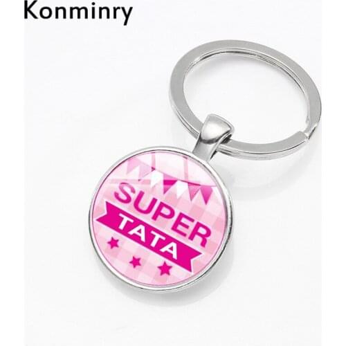 Konminry Cute Super Mamie Tata Glass Dome Long Key Chain Art French Letter Key Ring Holder For Teacher Papa Gifts Jewelry