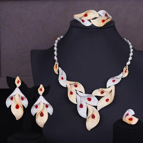 LARRAURI 4PCS Women Bridal Wedding Jewelry Sets Fashion Jewelry Cubic Zirconia Collar Necklace Dangle Earrings Bangle Ring