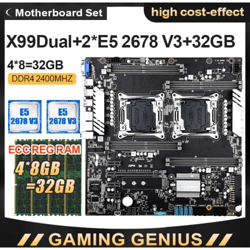 JINGSHA X99 Dual CPU Motherboard Set with E5-2678V3 CPU and DDR4 4*8GB=32GB ECC REG 2400MHZ Support PCIE 3.0 USB 3.0 SATA 3.0