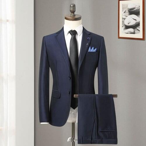 Fashion Men Business Suit Two Buttons 2 Pieces Classic Male Suits Blazers Navy Suits With Pants Tuxedos Groom Best Wedding
