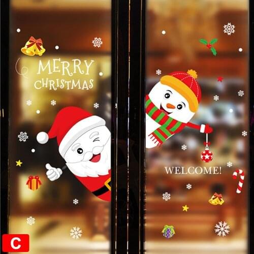Cartoon Christmas Stickers For Window Showcase Santa Clause Snowman Home Decor Decal Adhesive New Year Glass Mural 2