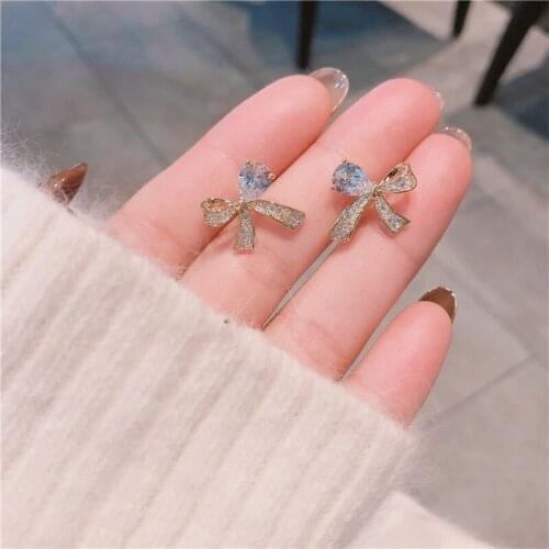 Huge Bud Korean Cute Bowknot Stud Earrings Exquisite 14K Real Gold Earrings Inlaid AAA Zircon Elegant Female Trendy Jewelry