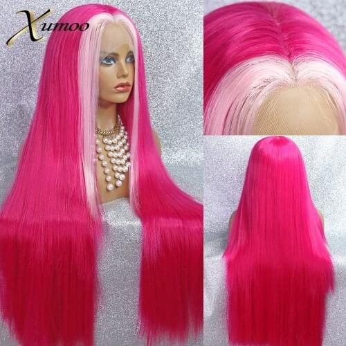 XUMOO Highlight Pink Synthetic Lace Front Wig Heat Resistant Long Bone Straight Hot Pink Cosplay Party Lolita Wig For Women