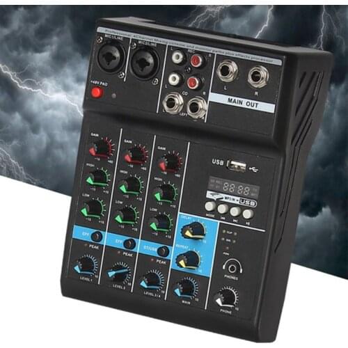 Professional Audio Mixer 4 Channels Bluetooth Sound Mixing Console for Home Karaoke KTV with USB Sound Card Sound Effects
