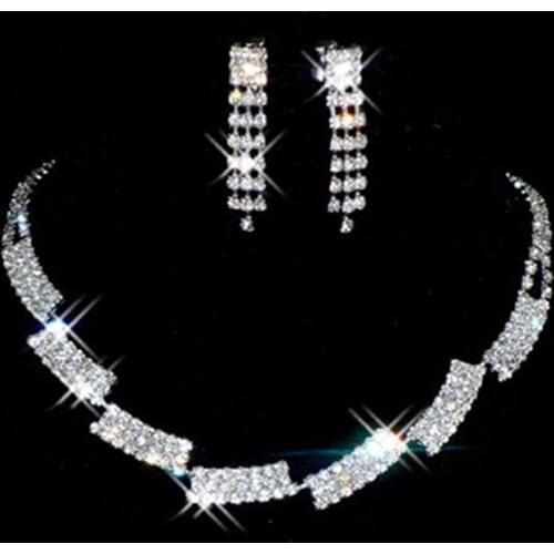 Luxury Female White Crystal Jewelry Set Charm Silver Color Square Dangle Earring For Women Dainty Zircon Wedding Chain Necklace