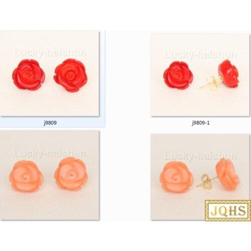 Genuine carven flower 12mm pink red coral beads Earrings Stud j9809