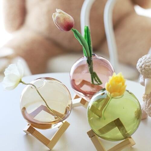 Nordic Transparent Stained Glass Vase Wooden Frame Flower Insert Hydroponic Desktop Decoration Creative Homestay Decoration