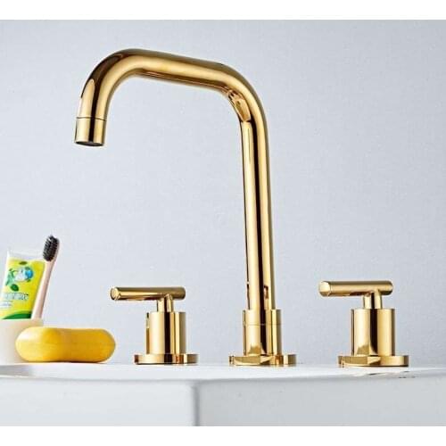 Basin Faucet Brass Gold/Chrome Deck Mounted Widespread Bathroom Sink Faucets 3 Hole Double Handle Hot And Cold Water Tap Pop Up