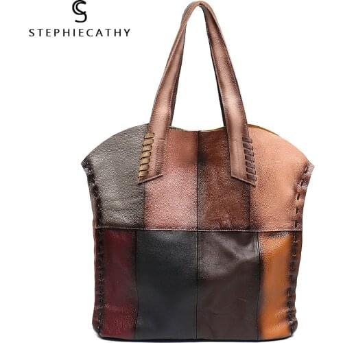SC Large Genuine Leather Shoulder Bag Women Vintage Random Color Patchwork Tote Ladis Soft Leather Casual Big Handbag Femal Sac