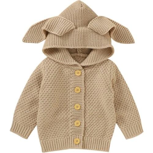 Baby Girls Rabbit Bear Ear Hooded Sweater Children Boys Knit Jacket Keep Warm Wool Outwear Coat Infant Faux Collar Costume 1-2Y