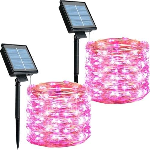 2 Pack Solar Powered Pink Fairy Glowing Garland Home Decoration Copper Wire Lamp for Christmas New Year Wedding Birthday Party