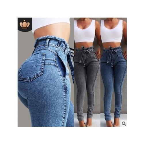 Women Jeans Hight Waist Pencil Long Pants Lace Up Vintage Streetwear Super Stretchy Denim Trousers 2021 Clothes Plus Size S-5XL