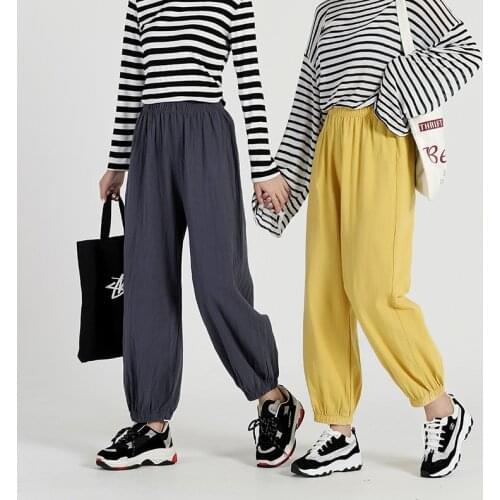 Harajuku Spring Summer Woman Cotton Linen Harem Pants Elastic Waist Solid Ankle-Length Pantalon Capris Bloomer Trousers Female