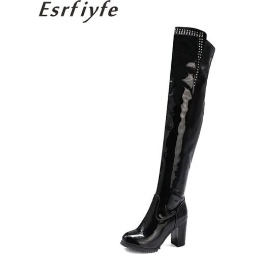 ESRFIYFE New Big Size Women Patent Leather Long Boots Woman Over The Knee Boots Thick High Heel Thigh Boots Ladies Winter Shoes