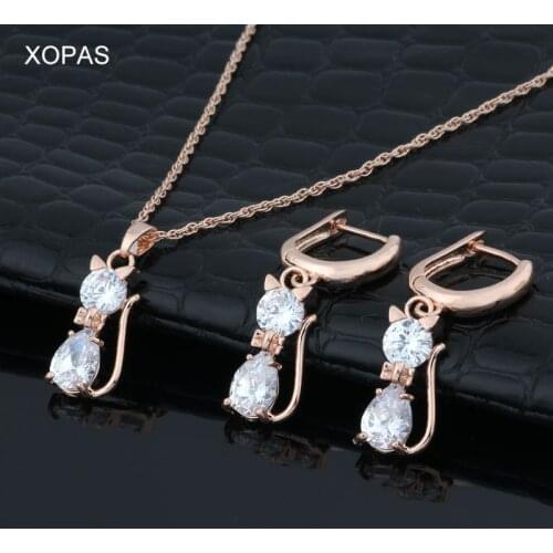 XOPAS Woman Fashion Jewelry Set Creative Design 585 Rose Gold Color Chain Animal Cubic Zircon CZ Cat Pendant Necklace