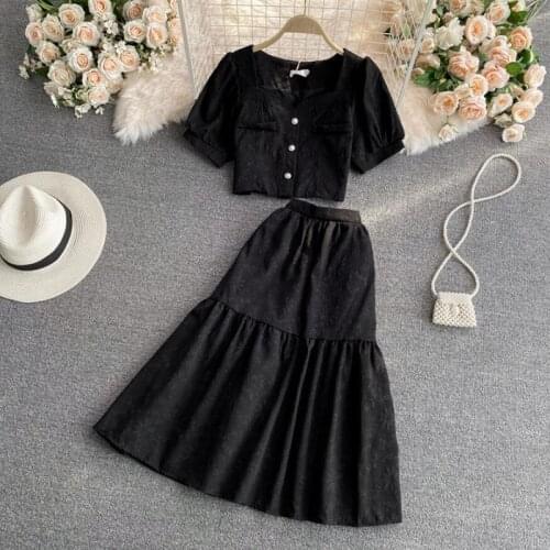 2021 Summer Two Piece Set Women Short sleeve Elegant Square collar Short Shirt+High waist Midi Skirt 2 Piece Set Black Suit