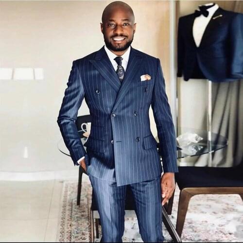 Ropa Hombre Navy Blue Pinstripe Double Breasted Jacket With Pants 2 Pcs Slim Fit Prom Party Blazer Tuxedos Groom Wedding Suits