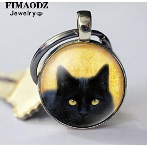 FIMAODZ Punk Black Cat Keychain Cute Animal Halloween Kitty Glass Cabochon Metal Pendant Key Chain Fashion Keyring Gift