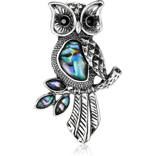Natural Abalone Shell Owl Animal Brooches Pin Jewelry For Women Embellish Accessories Alloy Rhinestones Bejeweled Gifts AH068