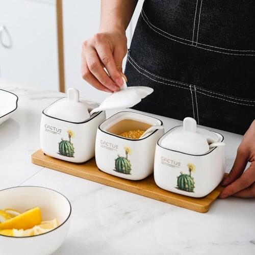 Household Square Ceramic Seasoning Storage Tank Set Flower Seasoning Box Kitchen MSG Salt Bowl Sugar Bowl Storage Box