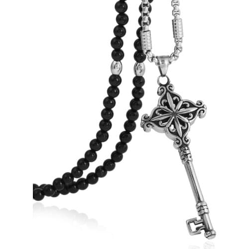 Punk 316L Stainless Steel Key Pendant Necklace with Black Natural Stone Chain 26" men Lucky Jewelery Accessories