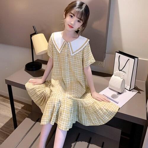 Teen Girls Party Dress 10 12 Years Kids Plaid Dress for Girls Cotton Short Sleeve Children Clothing Hem Dresses