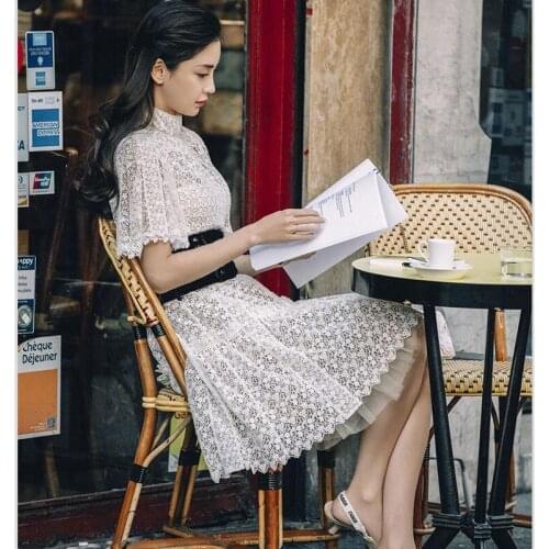 Chinese super star Angelababy favorite High-grade white lace Belt show thin lotus leaf mosaics water soluble flowers long dress