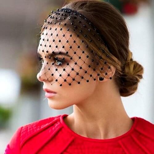Crystal Beaded Birdcage Black Headband Veils Hair Accessories Wedding for Bridal White Face Net Mask Charming Fascinator
