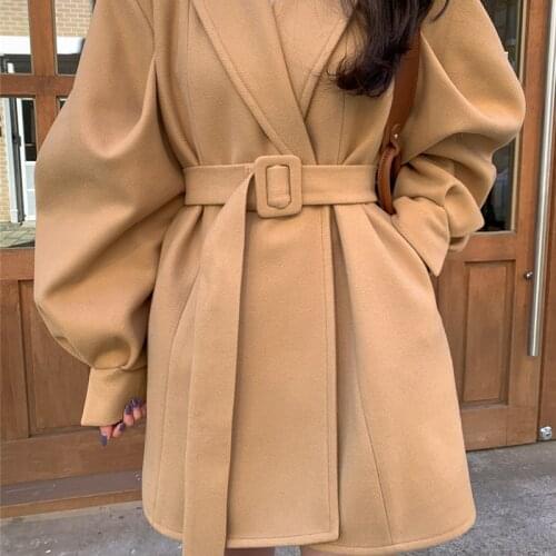 Elegant Casual Thick Warm Jacket Vintage Loose Woolen Coat Women with Belt Korean Female Overcoat Sashes Sweet Outerwear