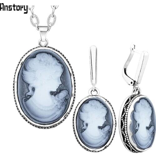 Lady Queen Cameo Jewelry Sets Vintage Necklace Earrings Jewelry Sets For Women Flower Pendant Fashion Party Sets