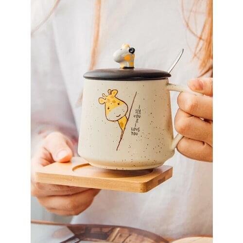 Lovely milk coffee mug with lid tray spoon personality creative ceramic household water tea cup couple breakfast drinkware